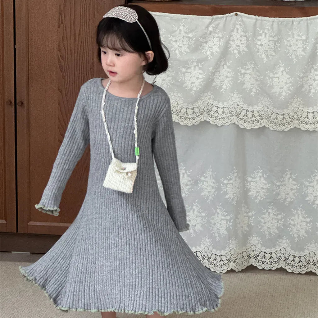 長袖ワンピース リブ編みメロウフリルウールニットワンピース【mh0011254】