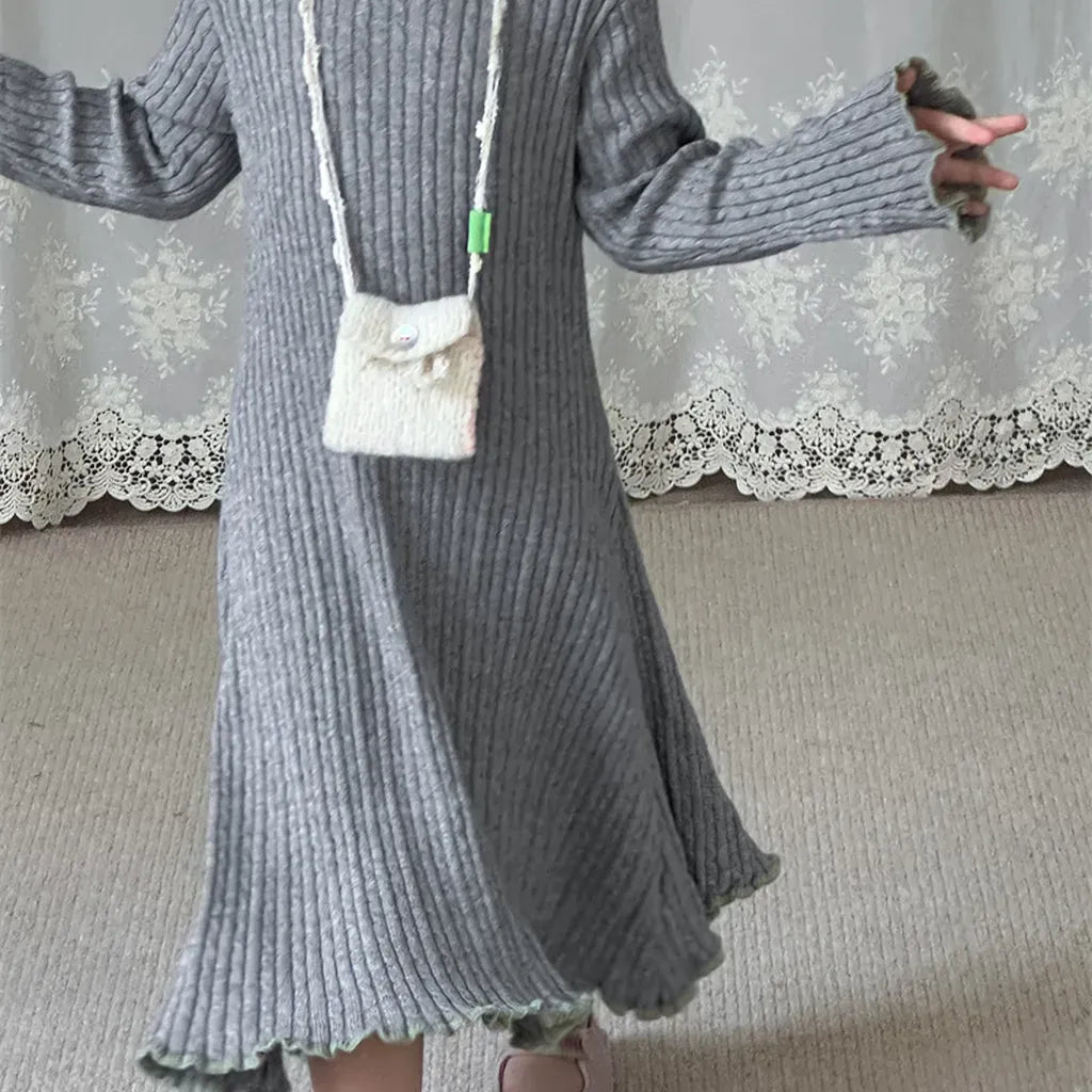 長袖ワンピース リブ編みメロウフリルウールニットワンピース【mh0011254】