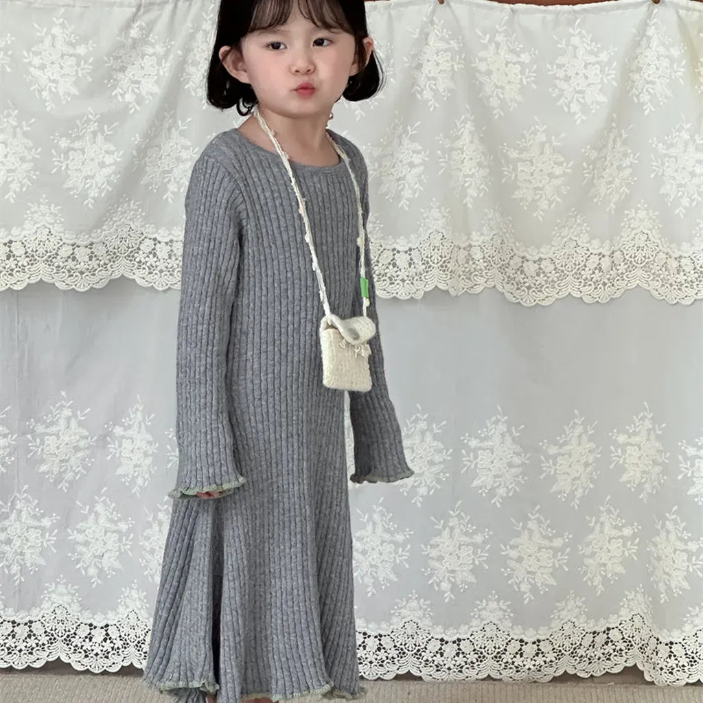 長袖ワンピース リブ編みメロウフリルウールニットワンピース【mh0011254】