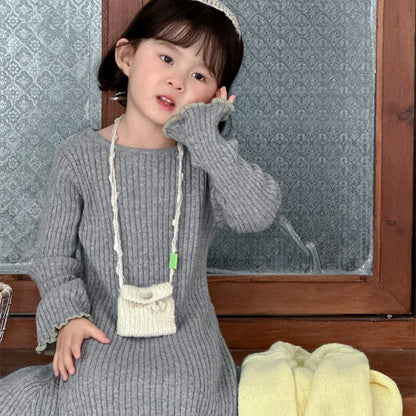 長袖ワンピース リブ編みメロウフリルウールニットワンピース【mh0011254】