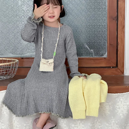 長袖ワンピース リブ編みメロウフリルウールニットワンピース【mh0011254】