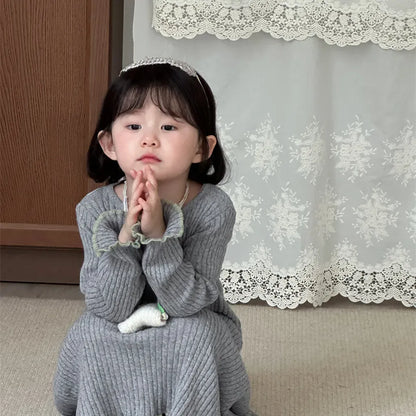 長袖ワンピース リブ編みメロウフリルウールニットワンピース【mh0011254】