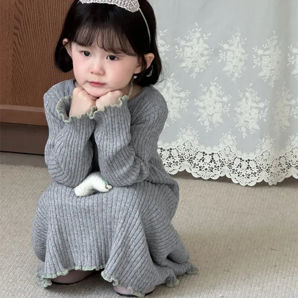 長袖ワンピース リブ編みメロウフリルウールニットワンピース【mh0011254】