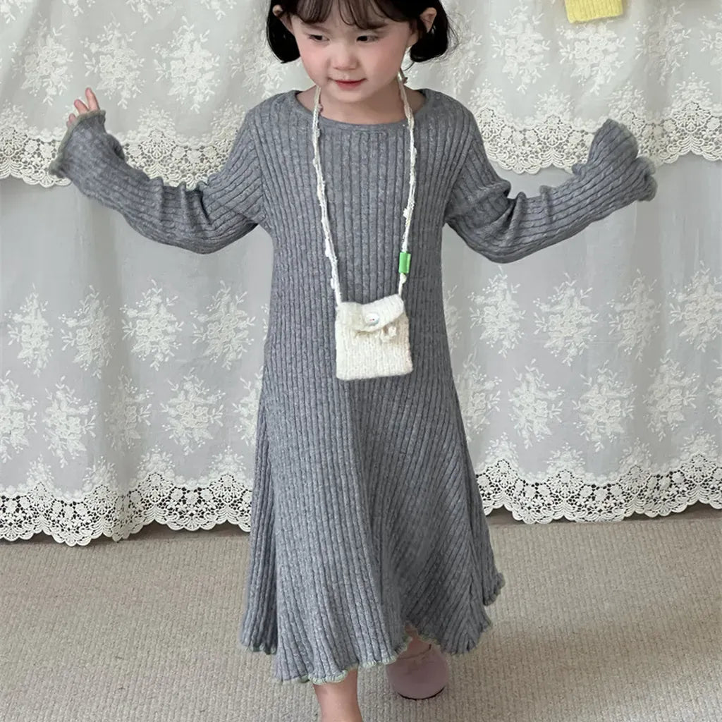 長袖ワンピース リブ編みメロウフリルウールニットワンピース【mh0011254】