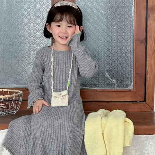 長袖ワンピース リブ編みメロウフリルウールニットワンピース【mh0011254】