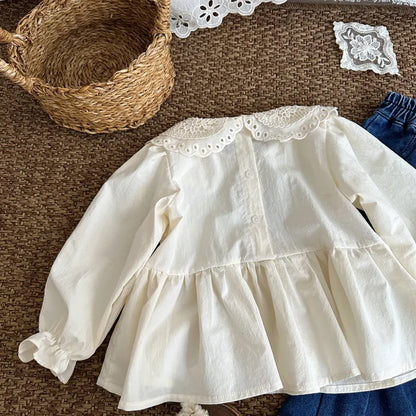 長袖シャツ・ブラウス レース襟フリルヘム長袖ブラウス【mh0011257】