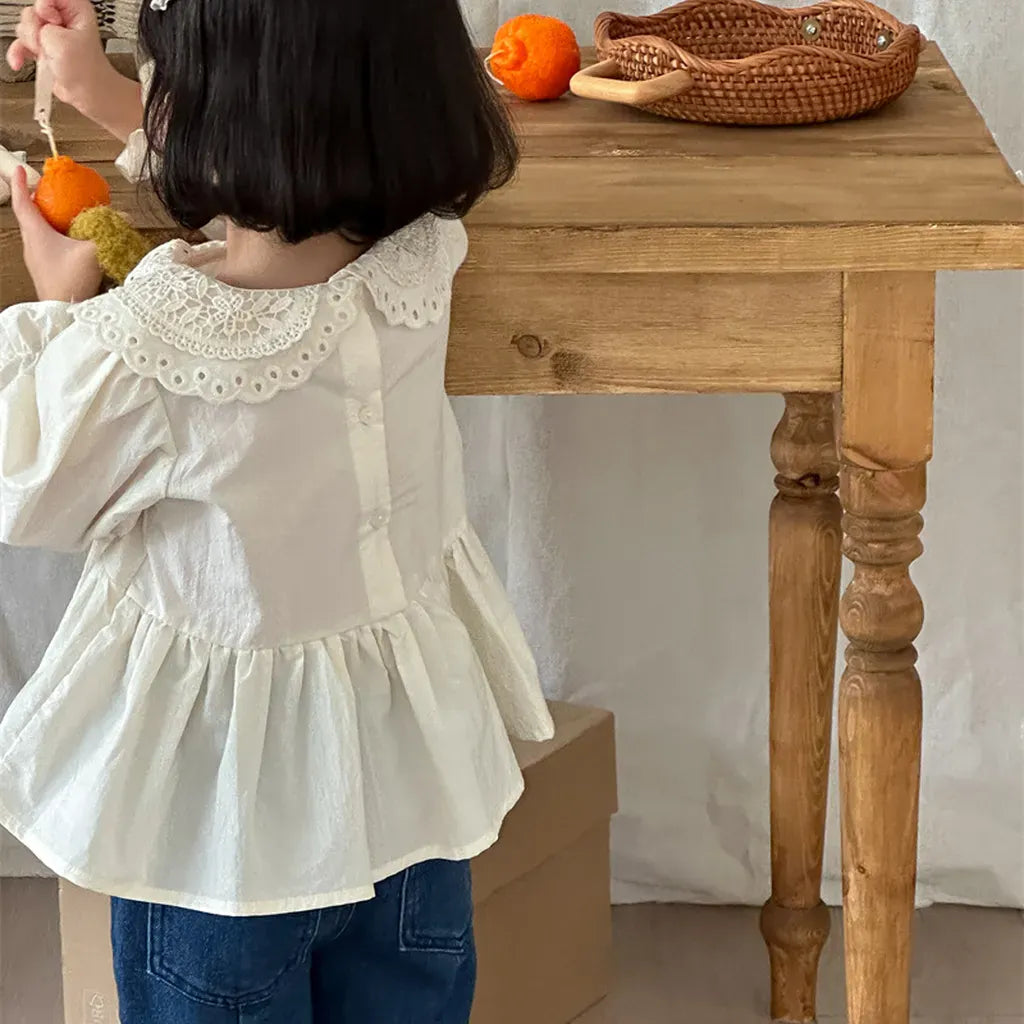 長袖シャツ・ブラウス レース襟フリルヘム長袖ブラウス【mh0011257】