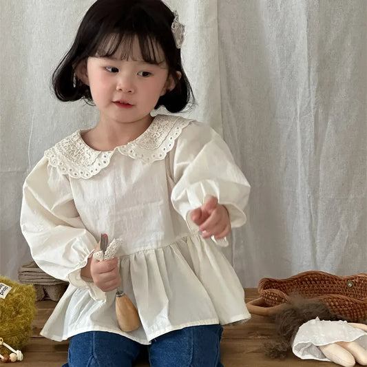 長袖シャツ・ブラウス レース襟フリルヘム長袖ブラウス【mh0011257】