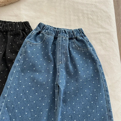 デニムパンツ ハートプリントデニムワイドパンツ【mh0011266】