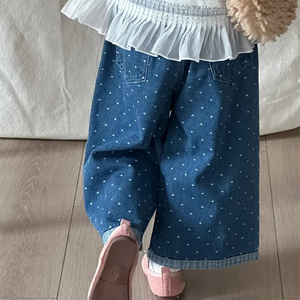 デニムパンツ ハートプリントデニムワイドパンツ【mh0011266】