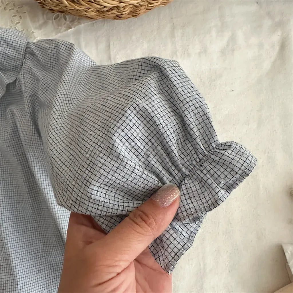 長袖シャツ・ブラウス ギンガムチェックフリル襟長袖ブラウス【mh0011270】