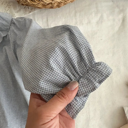 長袖シャツ・ブラウス ギンガムチェックフリル襟長袖ブラウス【mh0011270】