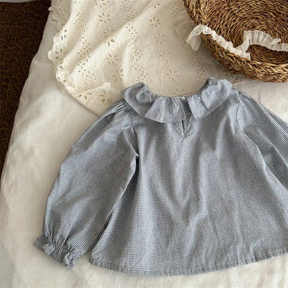 長袖シャツ・ブラウス ギンガムチェックフリル襟長袖ブラウス【mh0011270】