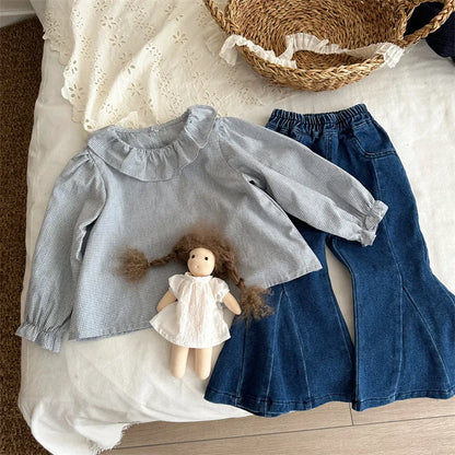 長袖シャツ・ブラウス ギンガムチェックフリル襟長袖ブラウス【mh0011270】