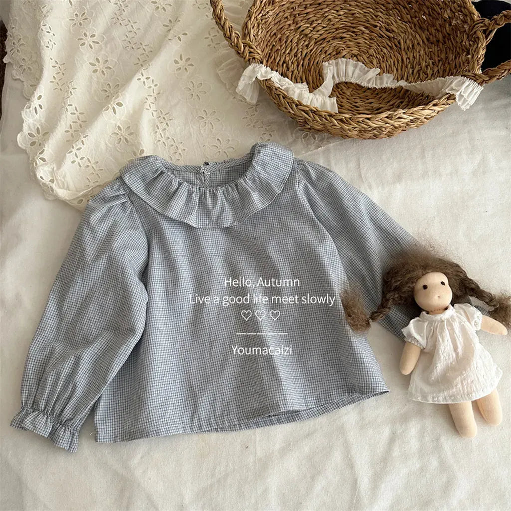 長袖シャツ・ブラウス ギンガムチェックフリル襟長袖ブラウス【mh0011270】