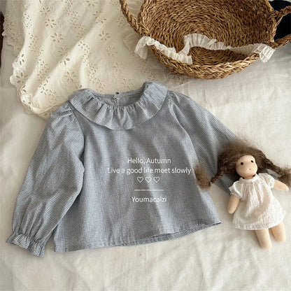 長袖シャツ・ブラウス ギンガムチェックフリル襟長袖ブラウス【mh0011270】