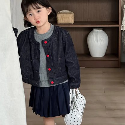 ショートコート・ジャケット・ジャンパー ボタンアクセントノーカラーショートデニムジャケット【mh0011271】