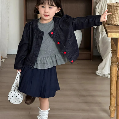 ショートコート・ジャケット・ジャンパー ボタンアクセントノーカラーショートデニムジャケット【mh0011271】