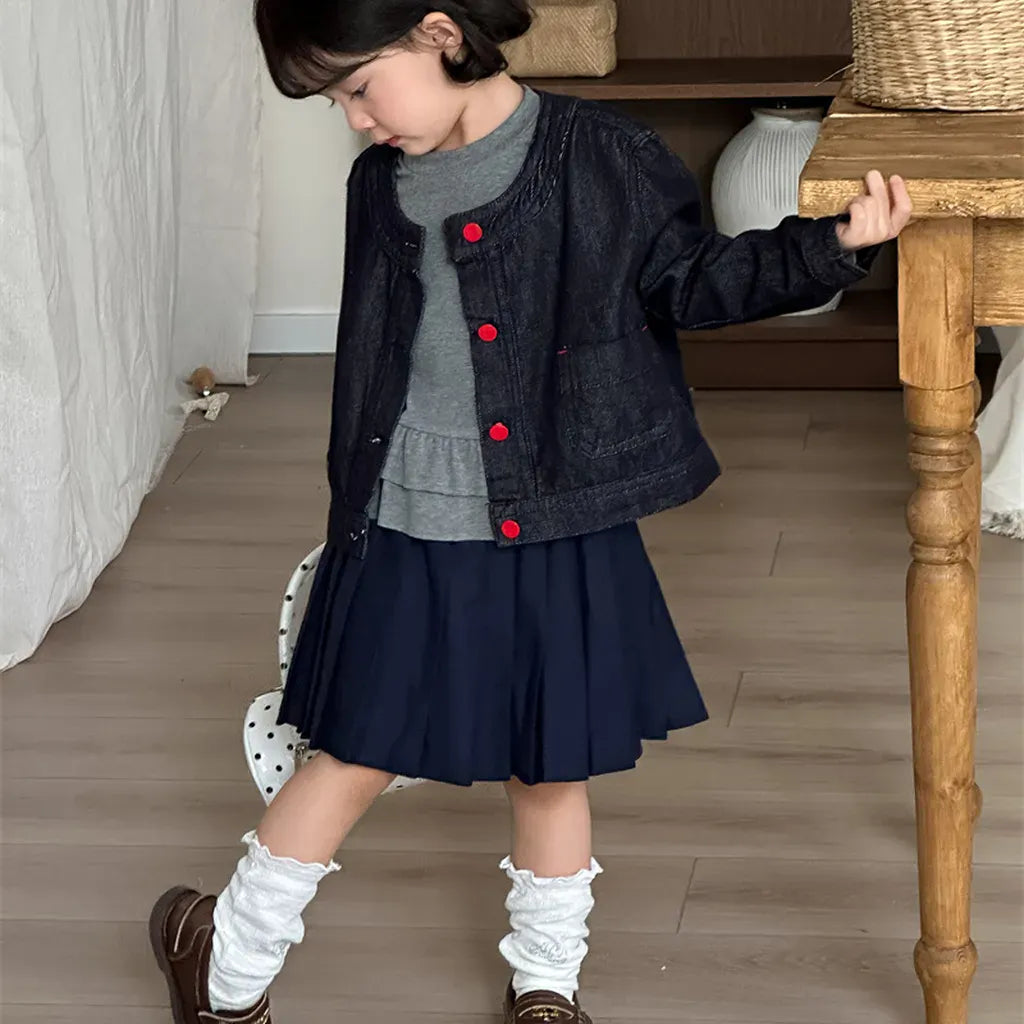 ショートコート・ジャケット・ジャンパー ボタンアクセントノーカラーショートデニムジャケット【mh0011271】