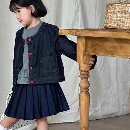 ショートコート・ジャケット・ジャンパー ボタンアクセントノーカラーショートデニムジャケット【mh0011271】