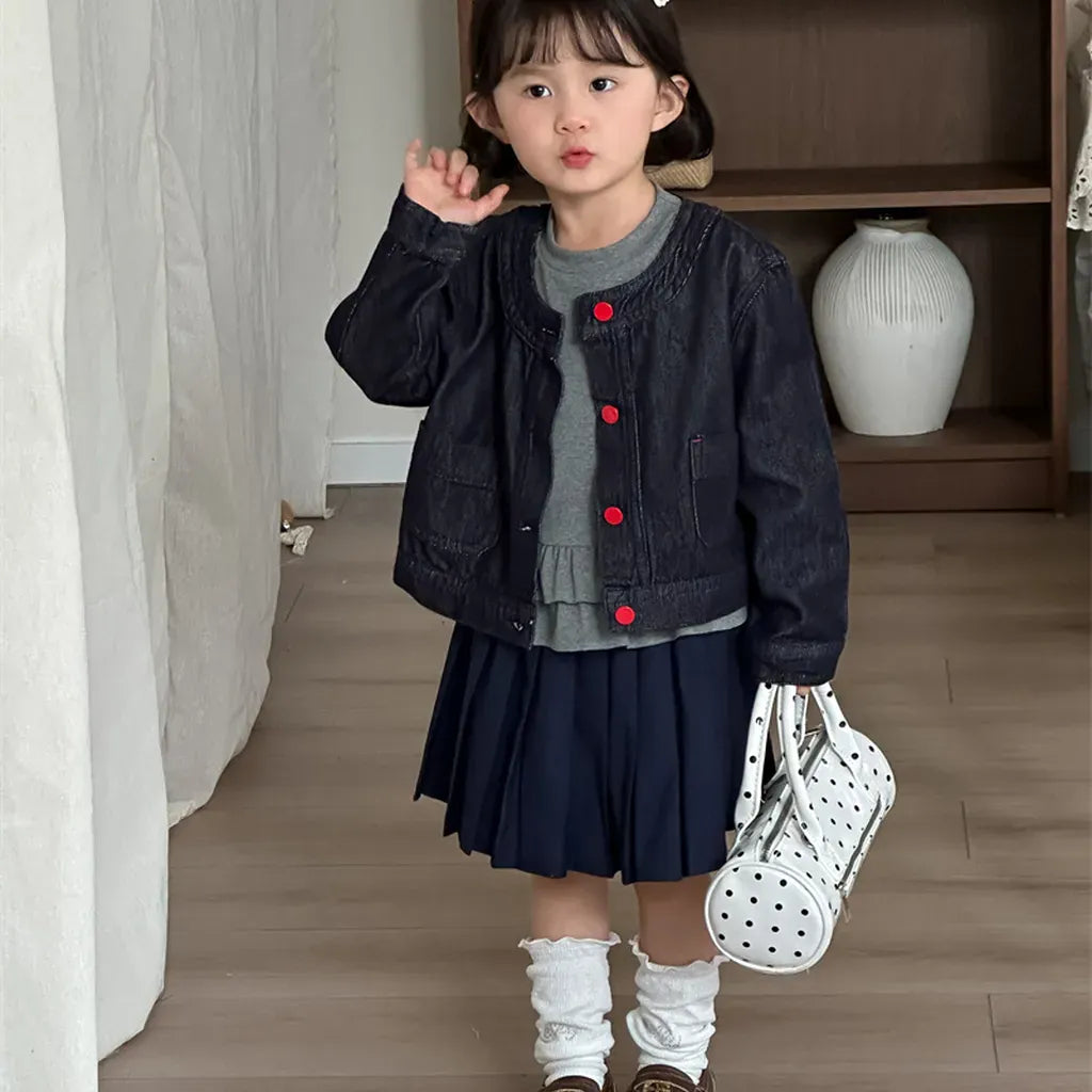 ショートコート・ジャケット・ジャンパー ボタンアクセントノーカラーショートデニムジャケット【mh0011271】