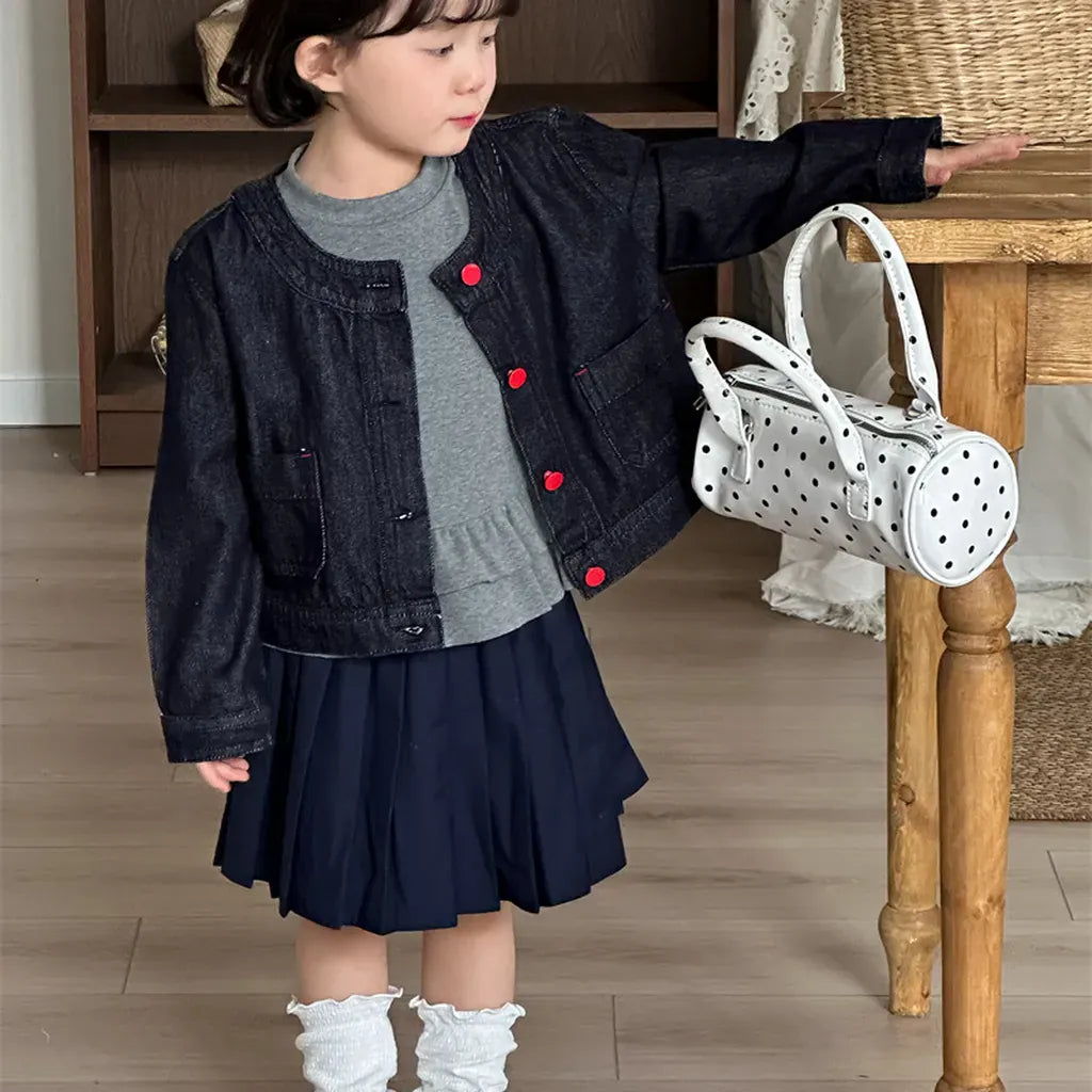 ショートコート・ジャケット・ジャンパー ボタンアクセントノーカラーショートデニムジャケット【mh0011271】