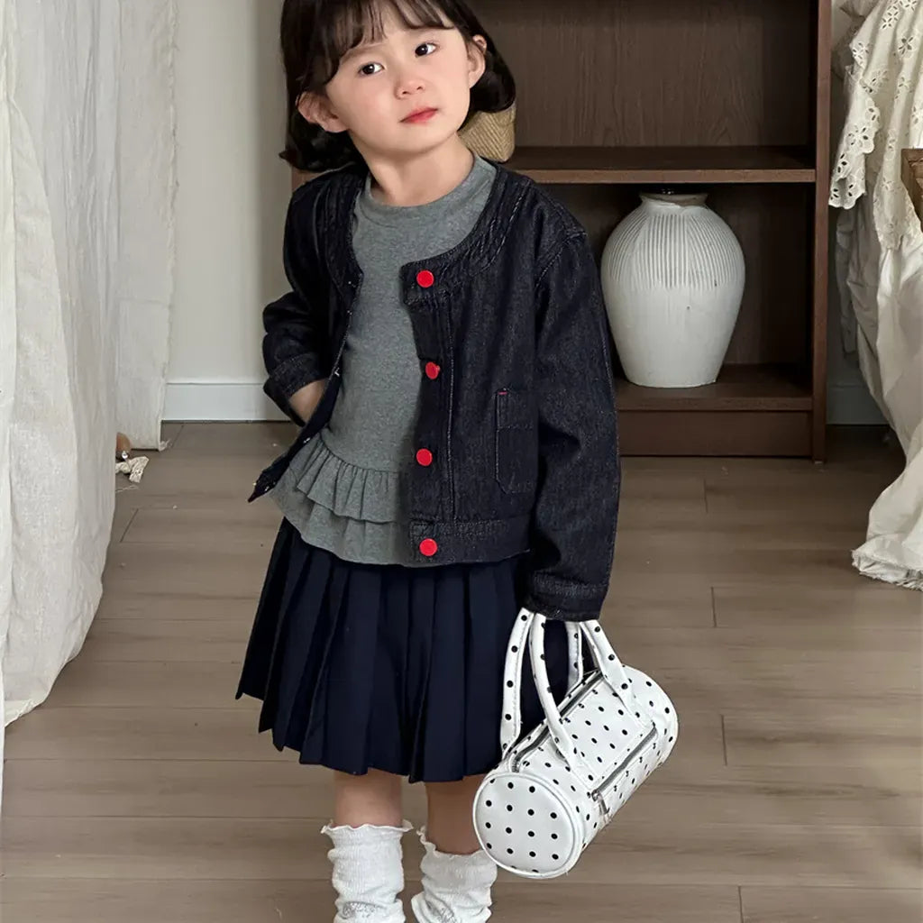 ショートコート・ジャケット・ジャンパー ボタンアクセントノーカラーショートデニムジャケット【mh0011271】