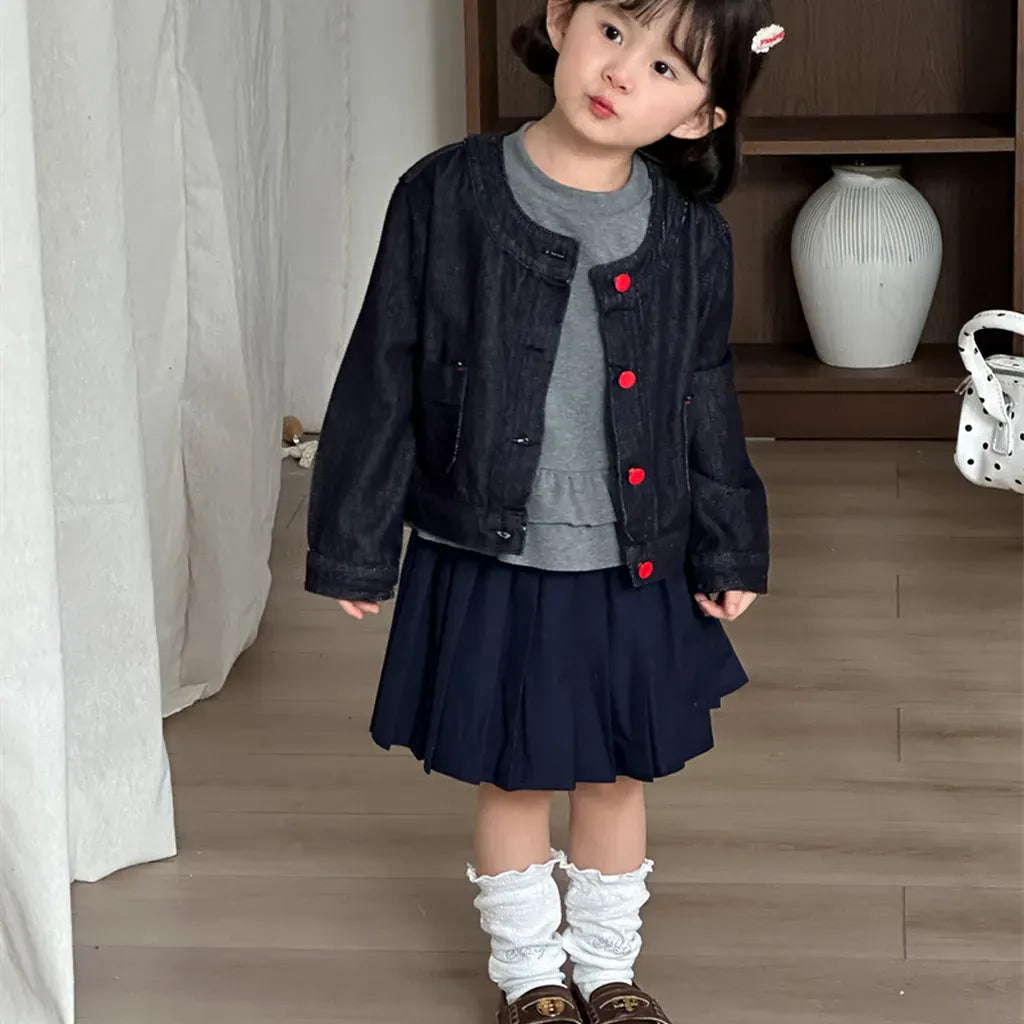 ショートコート・ジャケット・ジャンパー ボタンアクセントノーカラーショートデニムジャケット【mh0011271】