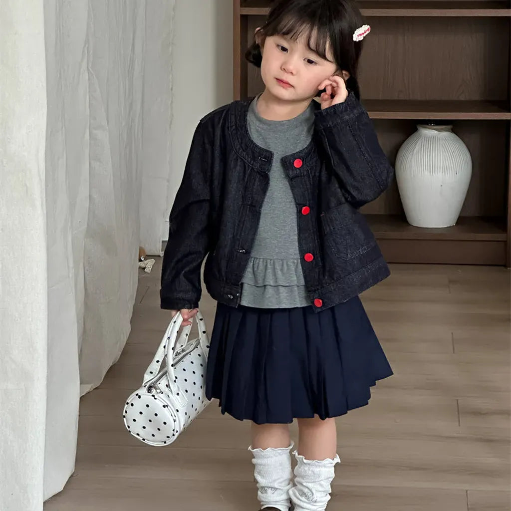 ショートコート・ジャケット・ジャンパー ボタンアクセントノーカラーショートデニムジャケット【mh0011271】