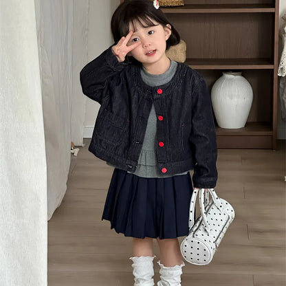 ショートコート・ジャケット・ジャンパー ボタンアクセントノーカラーショートデニムジャケット【mh0011271】