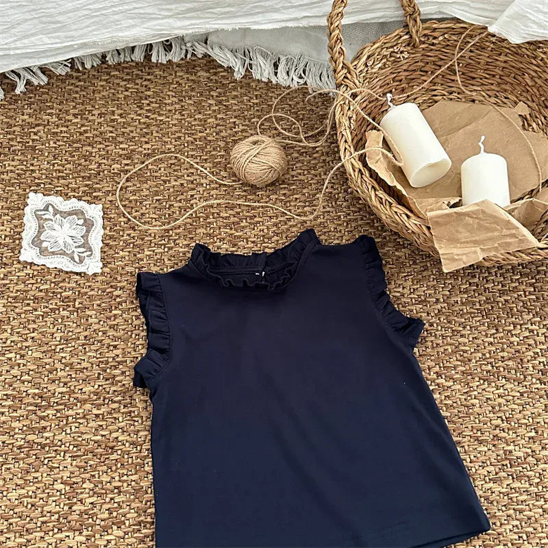 タンクトップ・キャミソール・ノースリーブトップス Navy / 18M (80) キッズトップス スタンドフリルカラー ノースリーブトップス 4カラー【mh0006021】