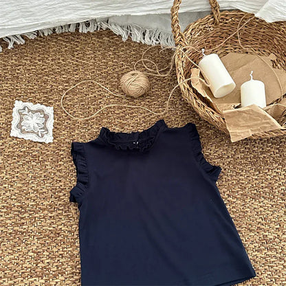 タンクトップ・キャミソール・ノースリーブトップス Navy / 18M (80) キッズトップス スタンドフリルカラー ノースリーブトップス 4カラー【mh0006021】