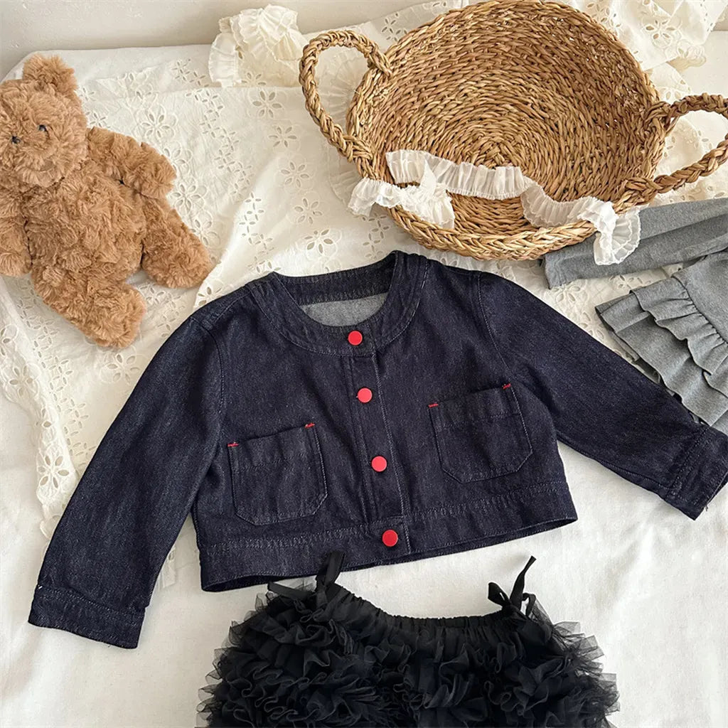 ショートコート・ジャケット・ジャンパー Navy Blue / 80cm ボタンアクセントノーカラーショートデニムジャケット【mh0011271】