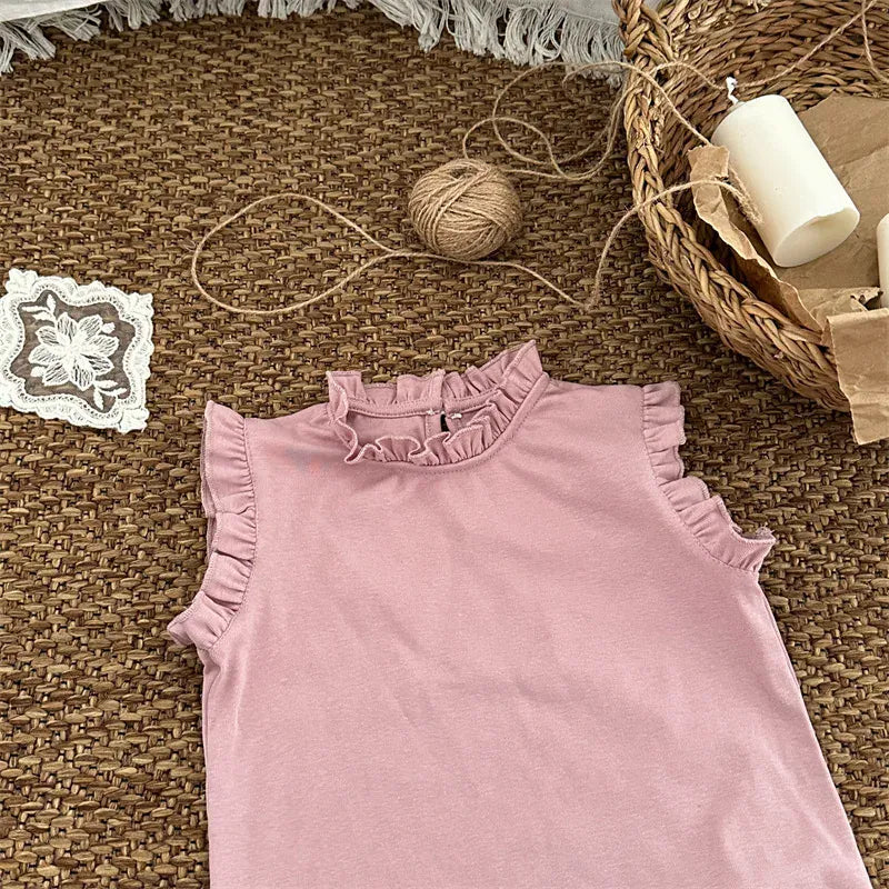 タンクトップ・キャミソール・ノースリーブトップス Pink / 18M (80) キッズトップス スタンドフリルカラー ノースリーブトップス 4カラー【mh0006021】