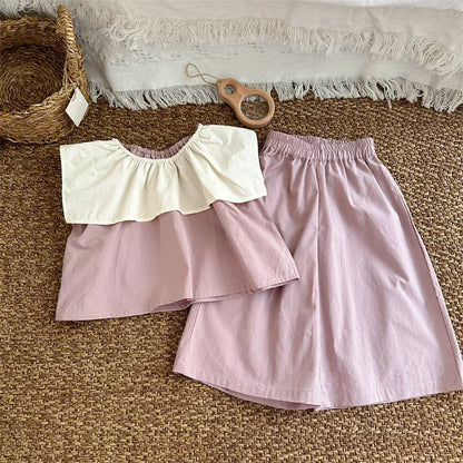 ノースリーブセットアップ Pink / 80cm キッズセットアップ 2点セット ノースリーブビッグ襟ブラウス+ワイドルーズパンツ【mh0005307】