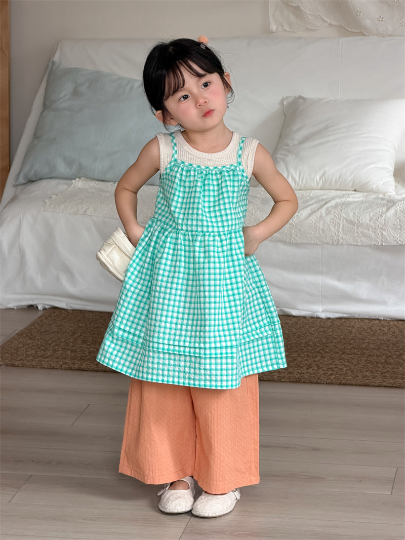 ノースリーブワンピース Plaid Layered Sleeveless Dress チェック柄 キャミワンピース【mh0012204】