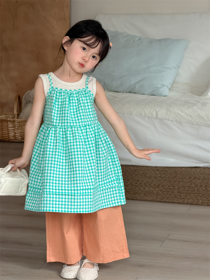 ノースリーブワンピース Plaid Layered Sleeveless Dress チェック柄 キャミワンピース【mh0012204】