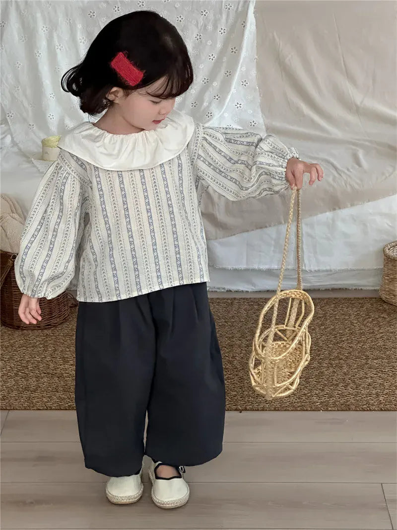 長袖シャツ・ブラウス printed / 18M -80 キッズトップス ラッフル襟フラワーストライププリント長袖ブラウス【mh0008907】