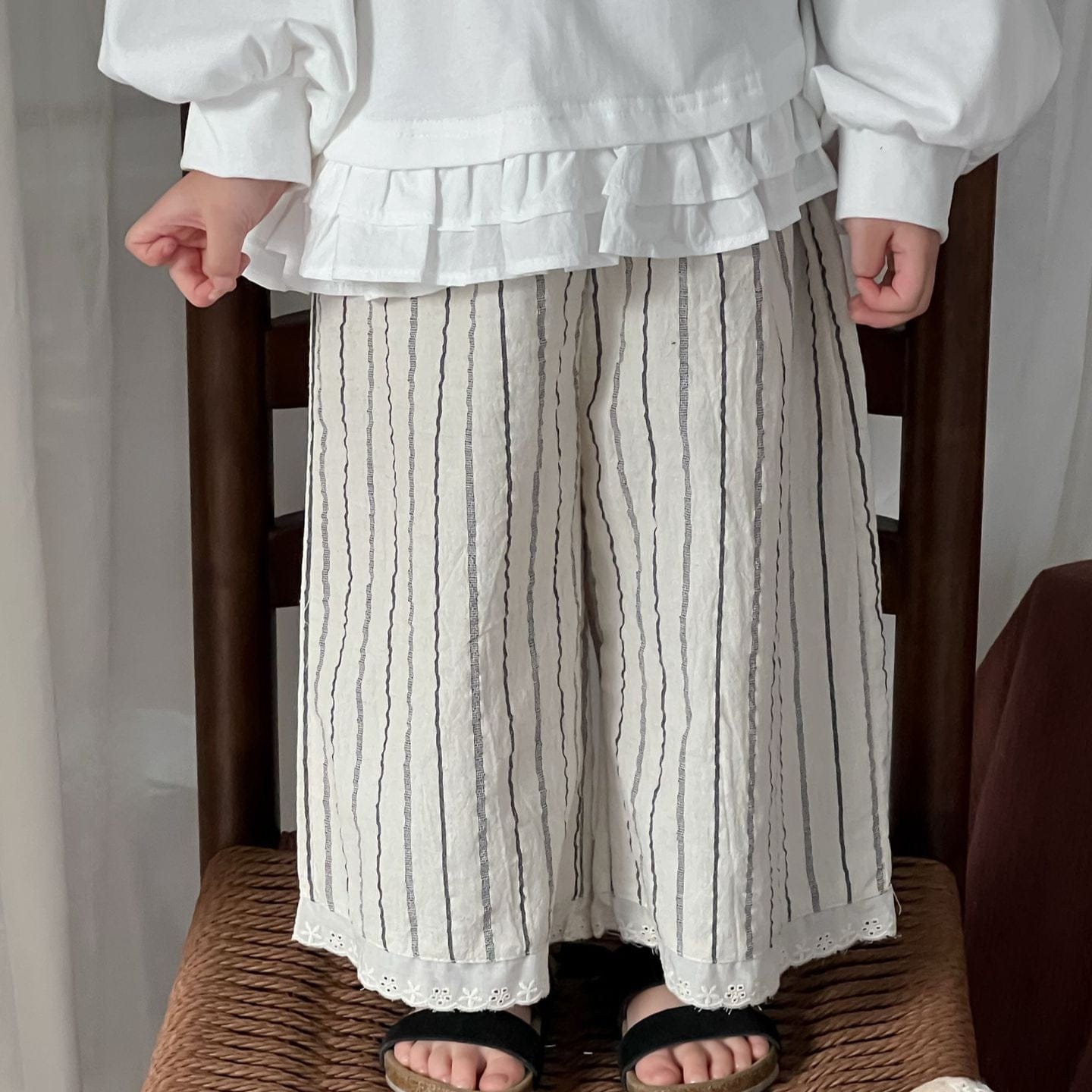 ロングパンツ・スウェットパンツ Stripe / 80cm キッズパンツ ストライプ裾レースワイドルーズイージーパンツ【mh-0008978】