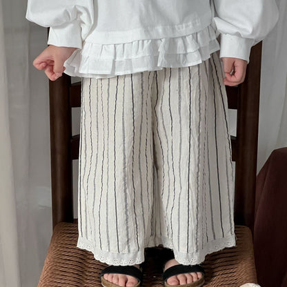 ロングパンツ・スウェットパンツ Stripe / 80cm キッズパンツ ストライプ裾レースワイドルーズイージーパンツ【mh-0008978】