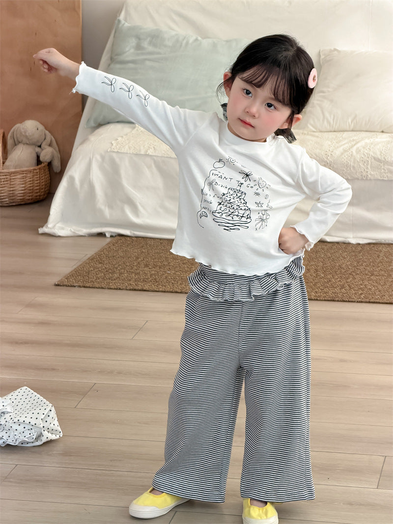 ロングパンツ・スウェットパンツ Striped Ruffle Knitted Straight Leg Pants ストライプ フリル ニットパンツ【mh0012208】