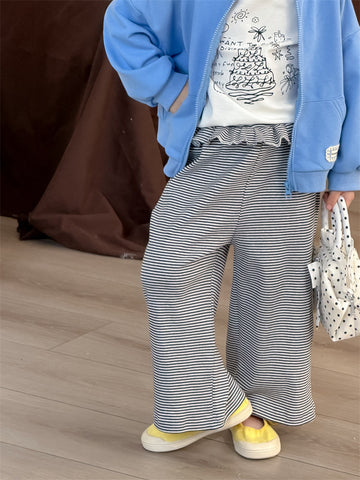 ロングパンツ・スウェットパンツ Striped Ruffle Knitted Straight Leg Pants ストライプ フリル ニットパンツ【mh0012208】