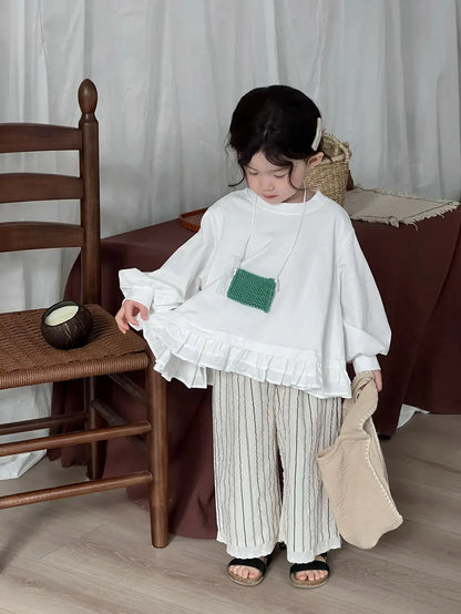 長袖シャツ・ブラウス キッズトップス 裾フリルドロップショルダー長袖パフスリーブTシャツ【mh0008903】