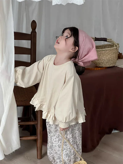 長袖シャツ・ブラウス キッズトップス 裾フリルドロップショルダー長袖パフスリーブTシャツ【mh0008903】