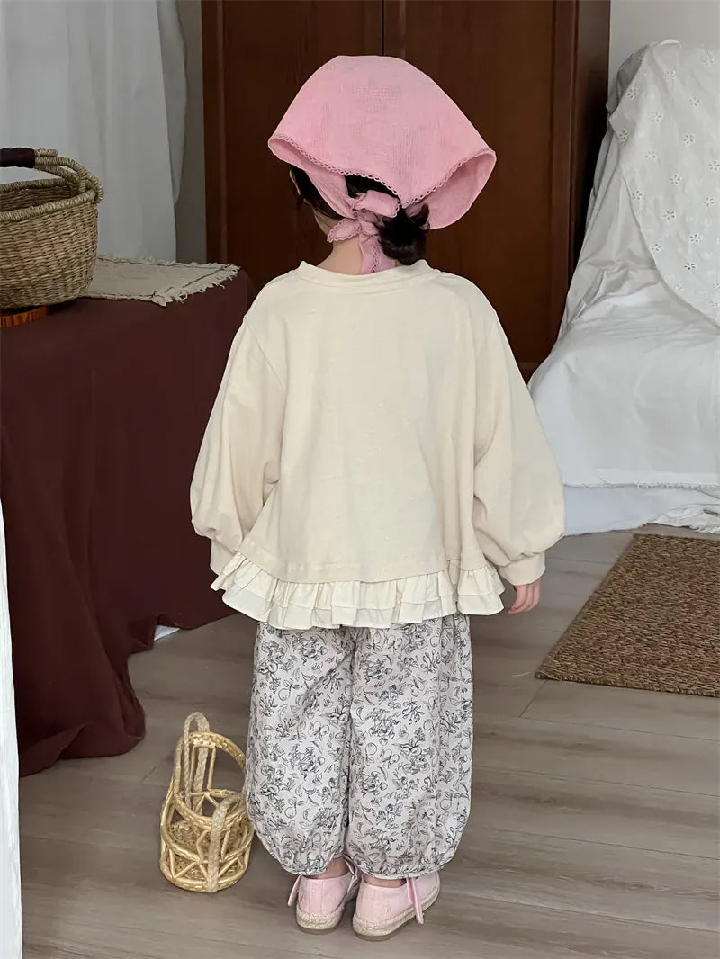 長袖シャツ・ブラウス キッズトップス 裾フリルドロップショルダー長袖パフスリーブTシャツ【mh0008903】