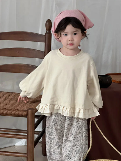 長袖シャツ・ブラウス キッズトップス 裾フリルドロップショルダー長袖パフスリーブTシャツ【mh0008903】