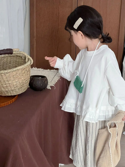 長袖シャツ・ブラウス キッズトップス 裾フリルドロップショルダー長袖パフスリーブTシャツ【mh0008903】