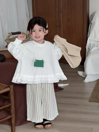 長袖シャツ・ブラウス キッズトップス 裾フリルドロップショルダー長袖パフスリーブTシャツ【mh0008903】