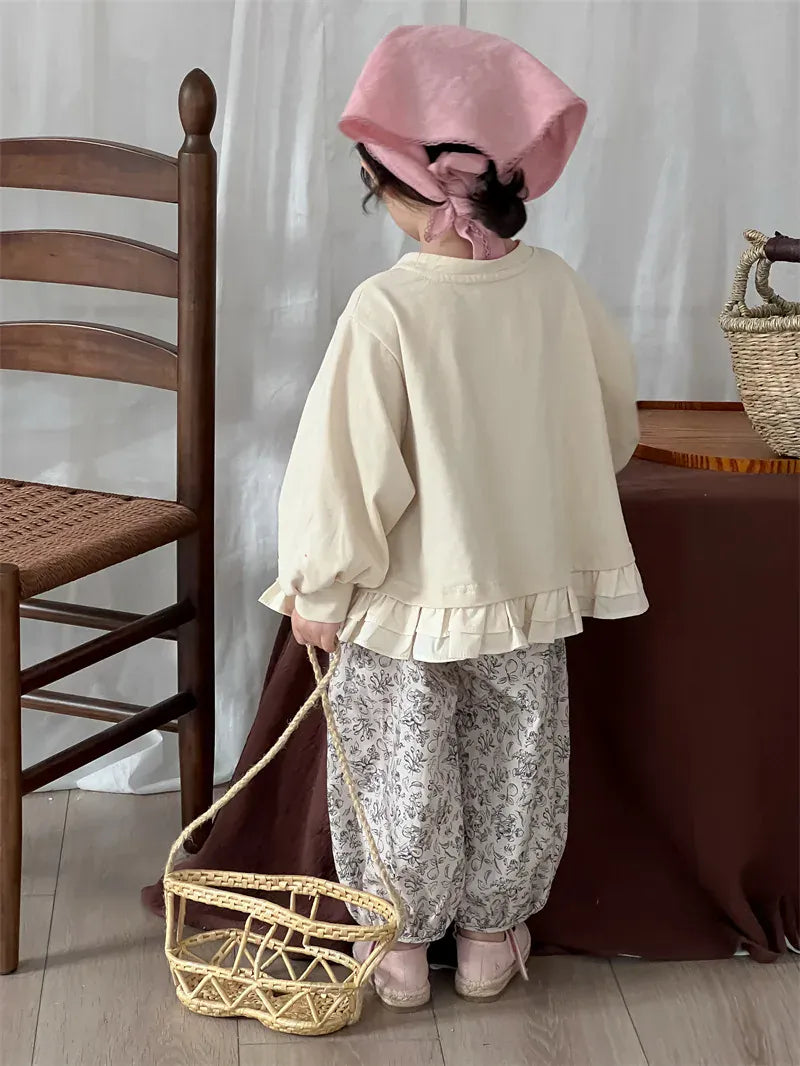 長袖シャツ・ブラウス キッズトップス 裾フリルドロップショルダー長袖パフスリーブTシャツ【mh0008903】