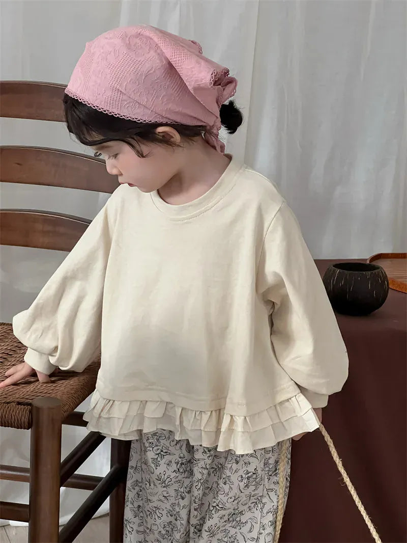 長袖シャツ・ブラウス キッズトップス 裾フリルドロップショルダー長袖パフスリーブTシャツ【mh0008903】